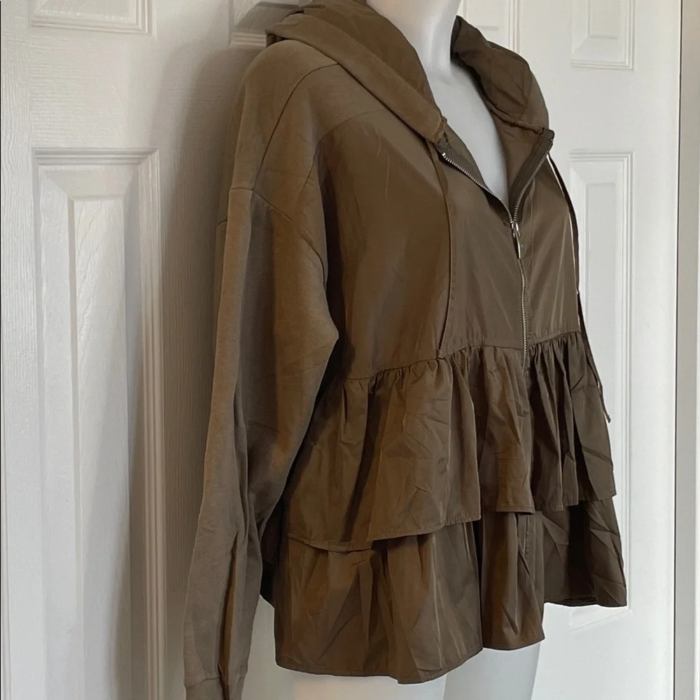ZARA MIXED MEDIA FRONT ZIPPED OVERSIZED KHAKI HOODED JACKET WITH RUFFLES SZ M